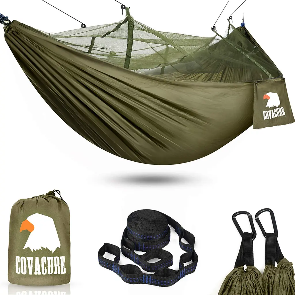 Camping Hammock with Net - Lightweight COVACURE Double Hammock, Portable Hammocks for Indoor, Outdoor, Hiking, Camping, Backpacking, Travel, Backyard, Beach Green