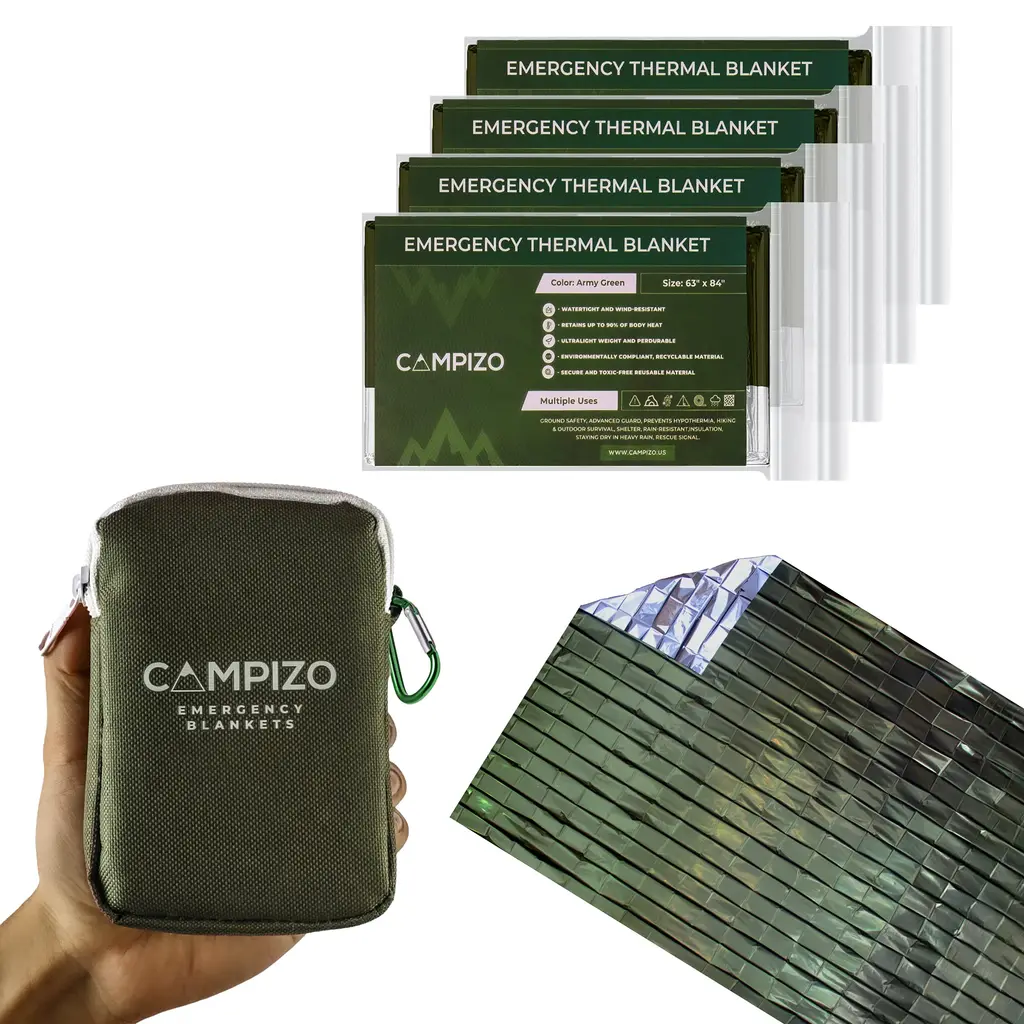 CAMPIZO 4 Pack Emergency Blankets - Thermal Blanket, Space Blanket, Mylar Blanket, Survival Blanket, Foil Blanket, Designed by NASA, Extra Large and Wide for Camping, Hiking, Marathon, (Army Green)