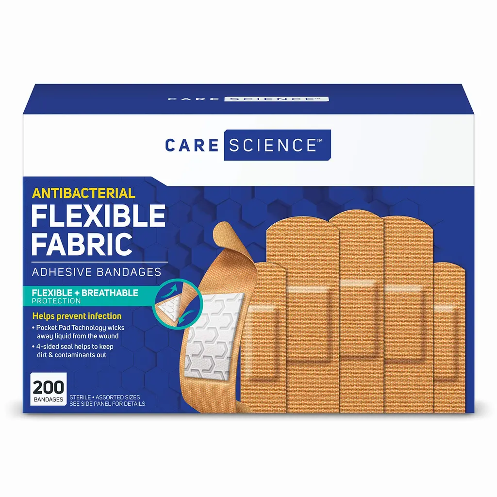 Office & Depot First Aid Kit — includes Care Science Antibacterial Fabric Adhesive Bandages, 200 ct Bulk Assorted Sizes | Flexible + Breathable Protection Helps Prevent Infection for First Aid and Wound Care 200 Count (Pack of 1)