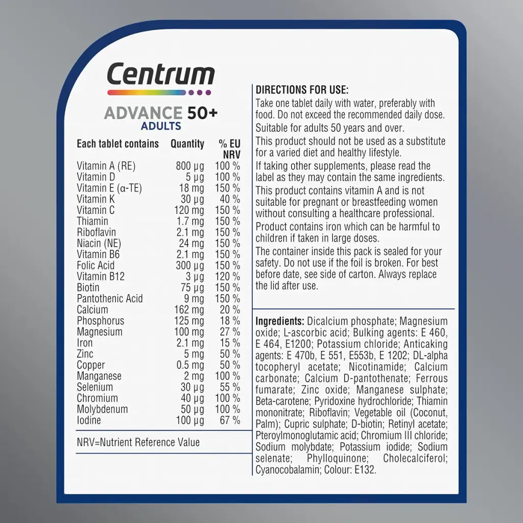 Centrum Advance 50+ Multivitamin & Mineral Tablets 24 essential nutrients including — Vitamins
