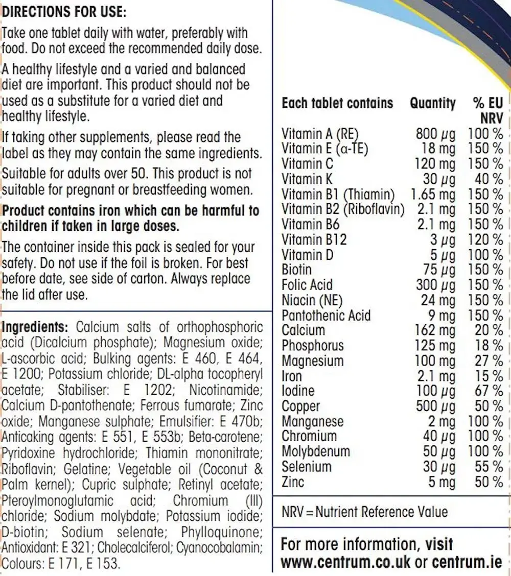 Centrum Advance 50+ Multivitamin & Mineral Tablets 24 essential nutrients including — pack of 30