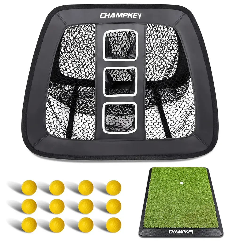 CHAMPKEY Double Sided Golf Chipping Net with Golf Hitting Mat | Come with 12 Foam Golf Balls | 5 Ply-Knotless Netting Chipping Net and Heavy Duty Rubber Backing Hitting Mat Ideal for Training