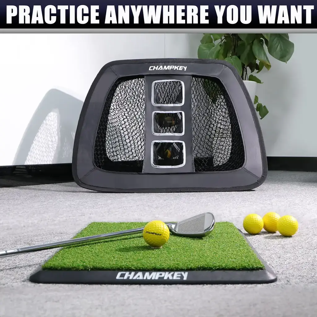 CHAMPKEY Double Sided Golf Chipping Net with Golf Hitting Mat | Come with 12 Foam Golf — CHAMPKEY