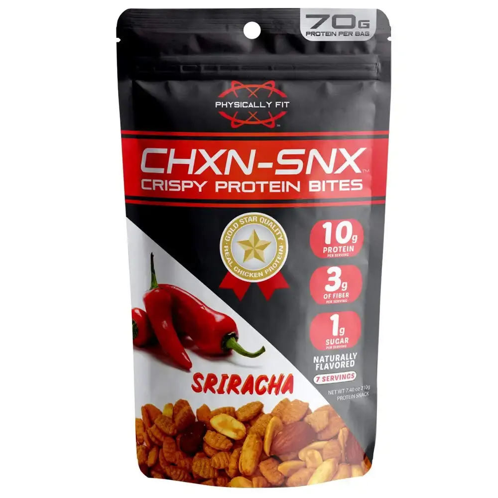 CHXN-SNX Crispy Protein Bites, Sriracha with Peanuts and Almonds, 7 Servings, 70 Gram of Protein Per Bag, 7.4 Ounce