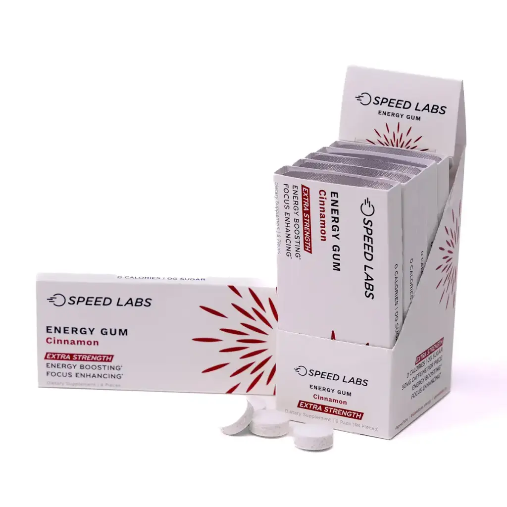 Cinnamon Extra Strength Caffeine Chewing Gum 50mg Caffeine Taurine & B Vitamins Per Piece 48 Pieces (6 Packs of 8 Pieces) Sugar Free Zero Calorie No Aspartame Gluten Free