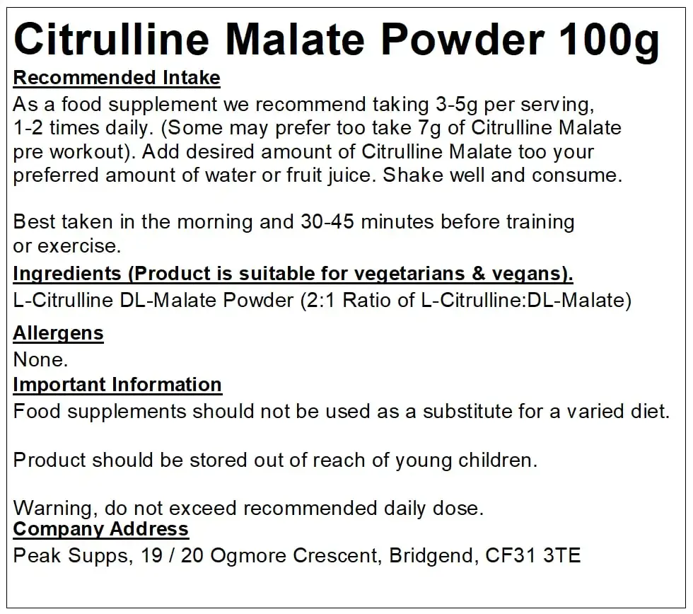 Citrulline Malate Powder 100g | Pure | 2 to 1 Ratio — 100 g