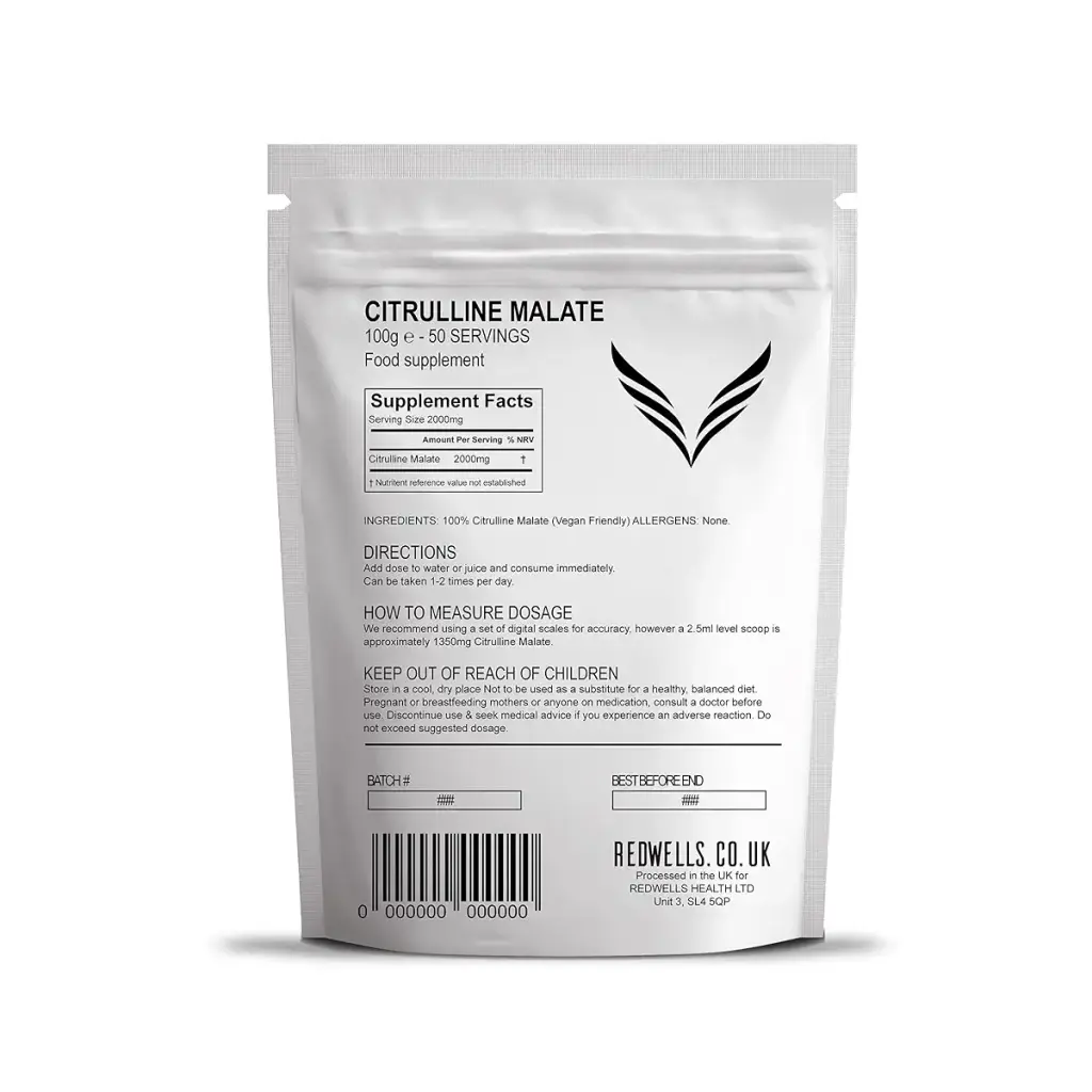 Citrulline Malate Powder REDWELLS 2:1 Ratio Amino Acid GMO Free - 100g Pack 100 g (Pack — 100 g