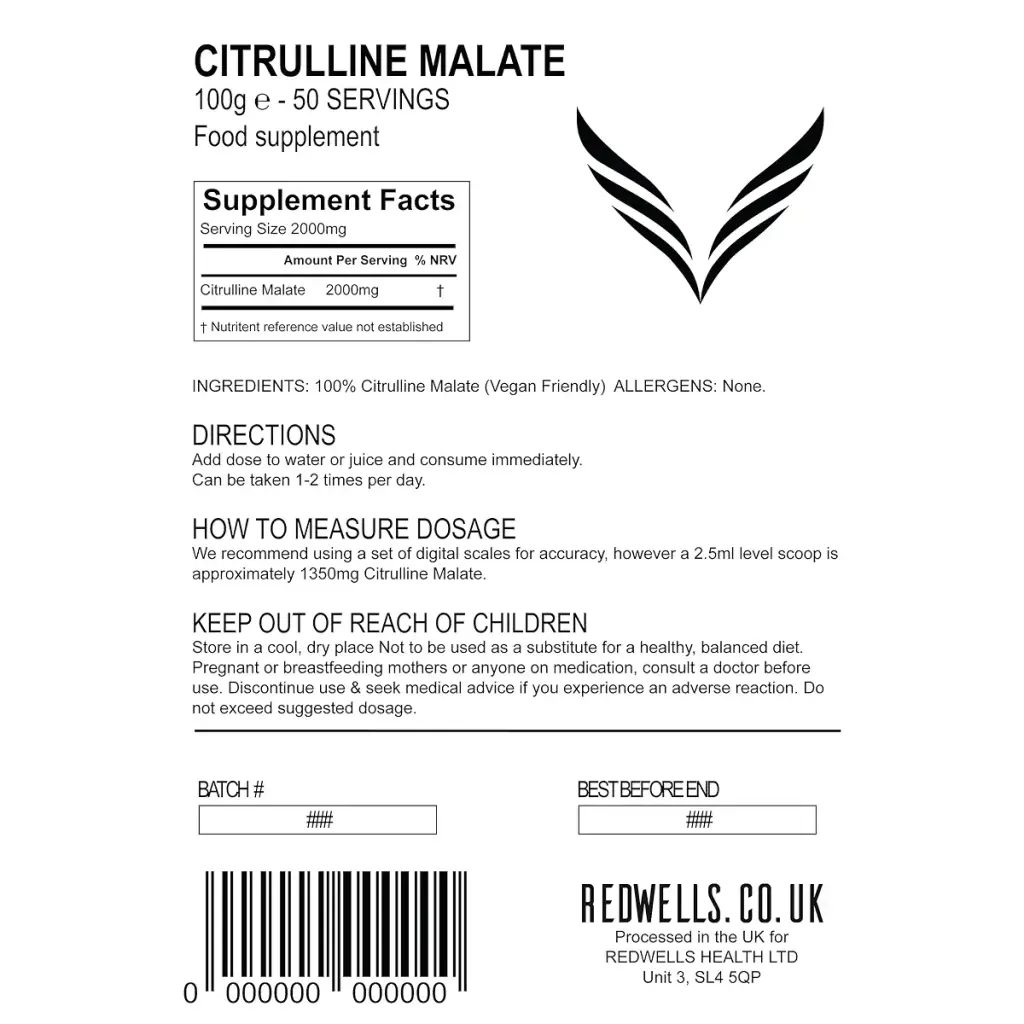 Citrulline Malate Powder REDWELLS 2:1 Ratio Amino Acid GMO Free - 100g Pack 100 g (Pack — Powder