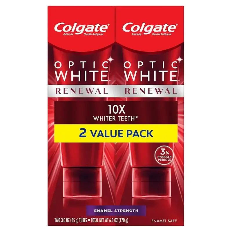 Colgate Optic Renewal Teeth Whitening Toothpaste with Fluoride Hydrogen Peroxide Enamel Strength White Wintergreen 3 Ounce (Pack of 2)