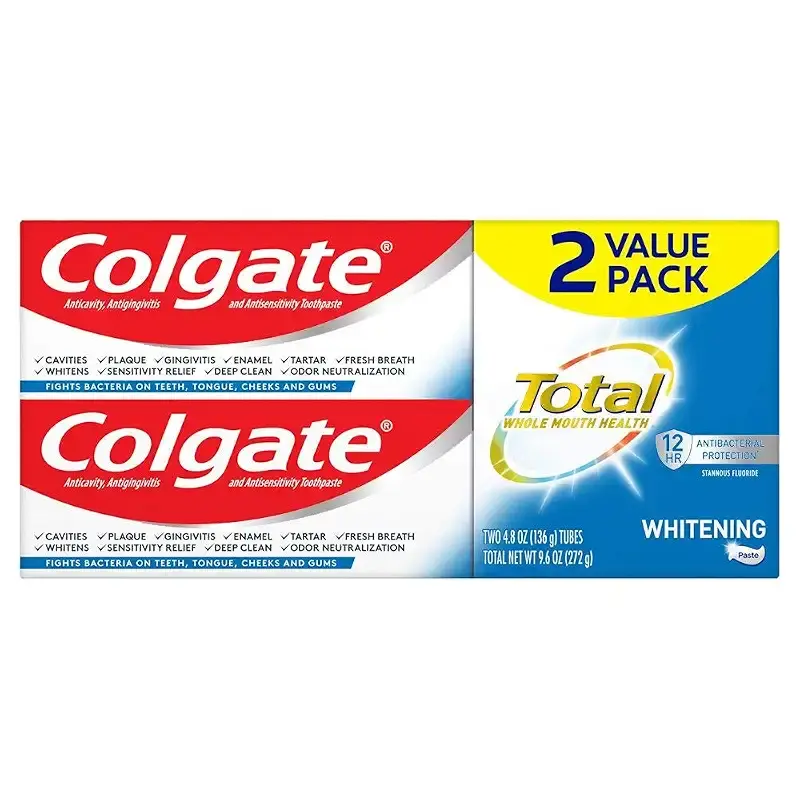 Colgate Total Whitening Toothpaste with Stannous Fluoride and Zinc Sensitivity Relief and Cavity Protection Mint 9.6 Ounce (Pack of 2)
