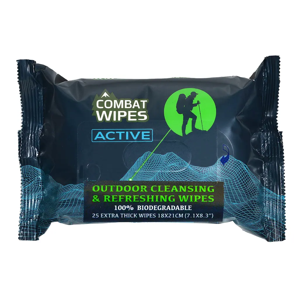 Combat Wipes ACTIVE Outdoor Wet Wipes | Extra Thick, Ultralight, Biodegradable, Body & Hand Cleansing/Refreshing Cloths for Camping, Gym & Backpacking w/ Natural Aloe & Vitamin E (25 Wipes) 25 Count (Pack of 1)