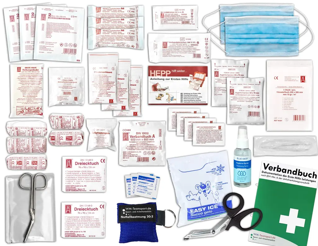 Complete set first aid according to current DIN/EN 13157 plus 2 for companies with hygiene spray emergency ventilation assistance & association book including alcohol tub + tweezers