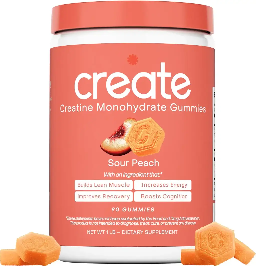 Create Creatine Monohydrate Gummies for Men & Women, Boost Focus, Strength, and Endurance, Anti-Melting Formula, Vegan, Gluten-Free, Non-GMO, 1.5g of Creatine per Gummy (Sour Peach)