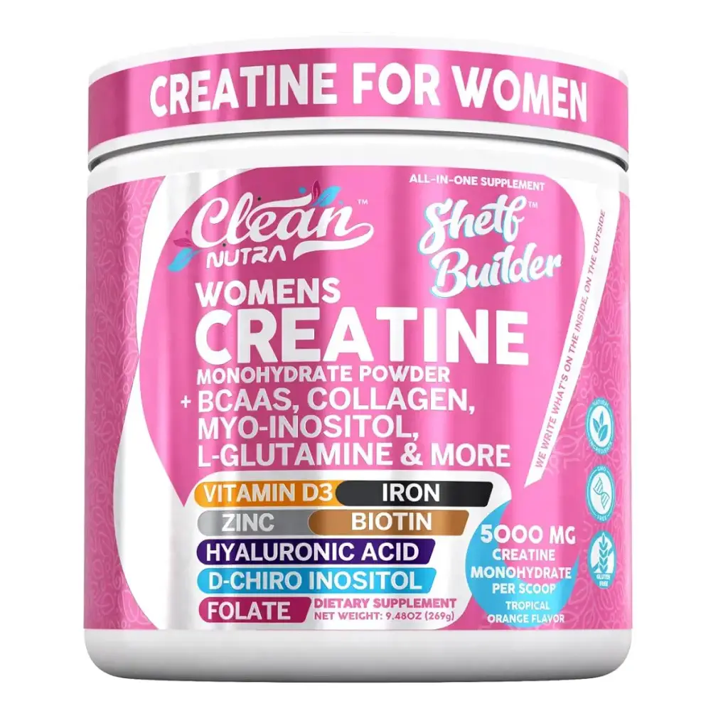 Creatine for Women | Creatine Monohydrate + BCAA Powder Myo-Inositol Collagen Biotin Hyaluronic Acid Folate L Glutamine Vitamin D3 Iron Zinc D-Chiro-Maca Digestion Shelf Builder by Clean Nutra 1