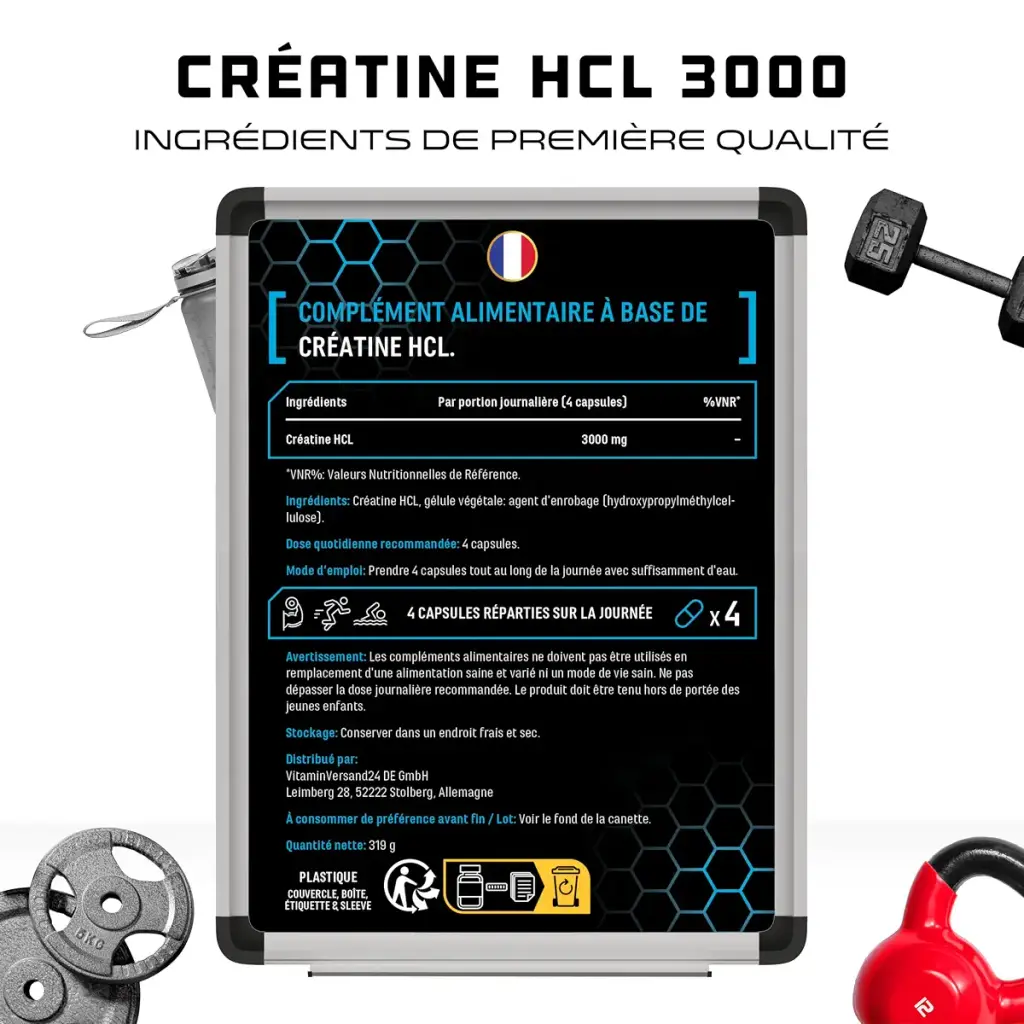 Creatine HCL - 365 Vegan Capsules - Highly Dosed to 3000 mg - Pure Creatine Hydrochloride — 3000 mg