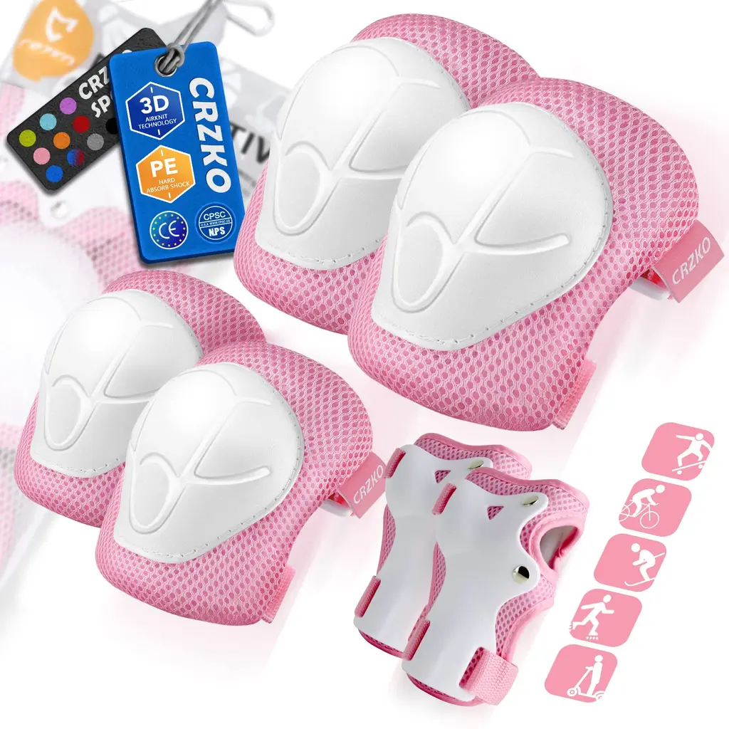 CRZKO Kids/Teenager Protective Gear, Knee Pads and Elbow Pads 6 in 1 Set with Wrist Guard and Adjustable Strap for