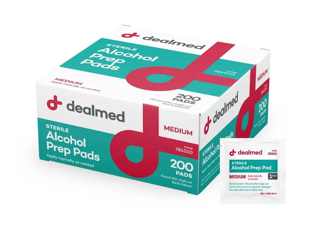Dealmed Alcohol Prep Pads 200 Count Medium Size Alcohol Pads, Latex-Free Alcohol Wipes, Gamma Sterilized Wound Care Products