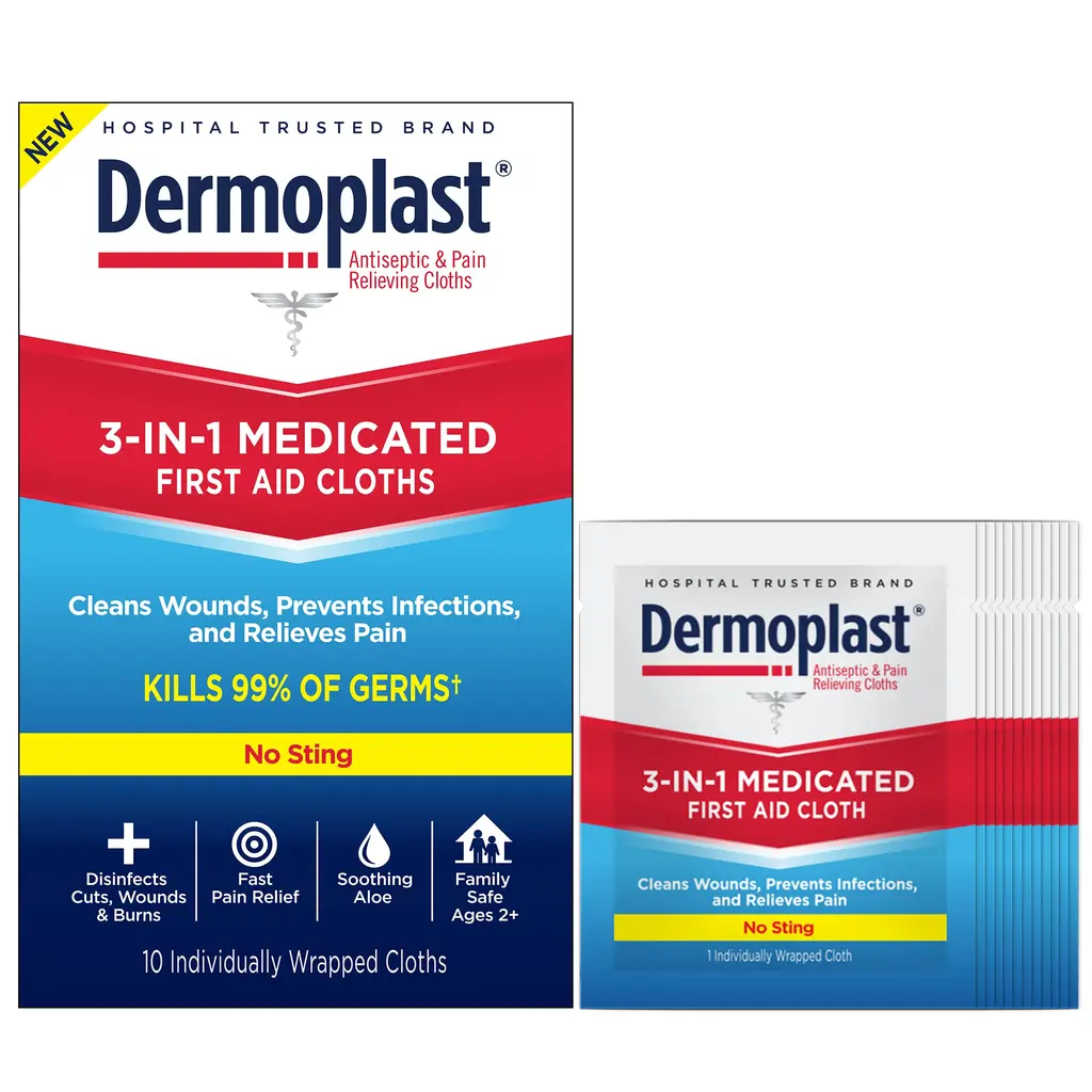 Dermoplast 3-in-1 Medicated First Aid Cloths Analgesic & Antiseptic Wipes for Treating Minor Cuts Scrapes and Burns on the Go Sting Free Formula 10 Individually Wrapped Cloths 3-in-1 First Aid Cloths