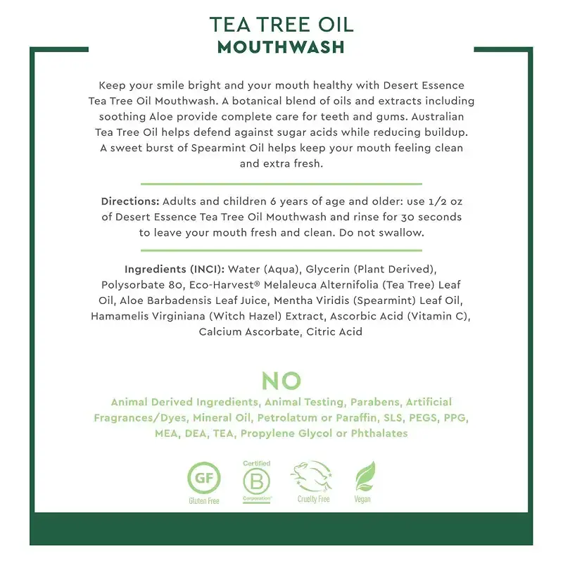 Desert Essence Natural Refreshing Tea Tree Oil Mouthwash Alcohol Free 8 fl oz (236 ml) — Oral Care