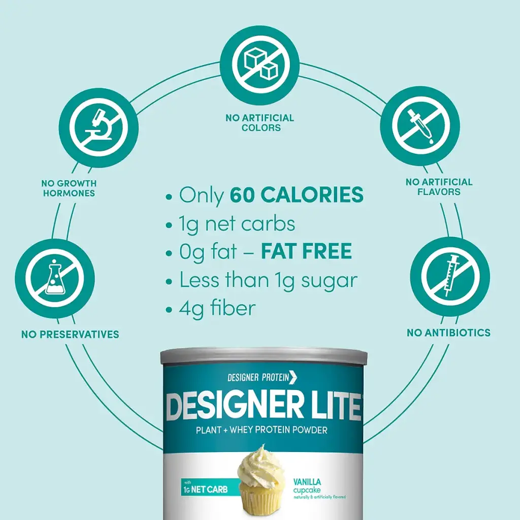 Designer Protein Lite, Vanilla Cupcake, 9.03 Ounce, Low Calorie Protein Powder Vanilla — Vanilla