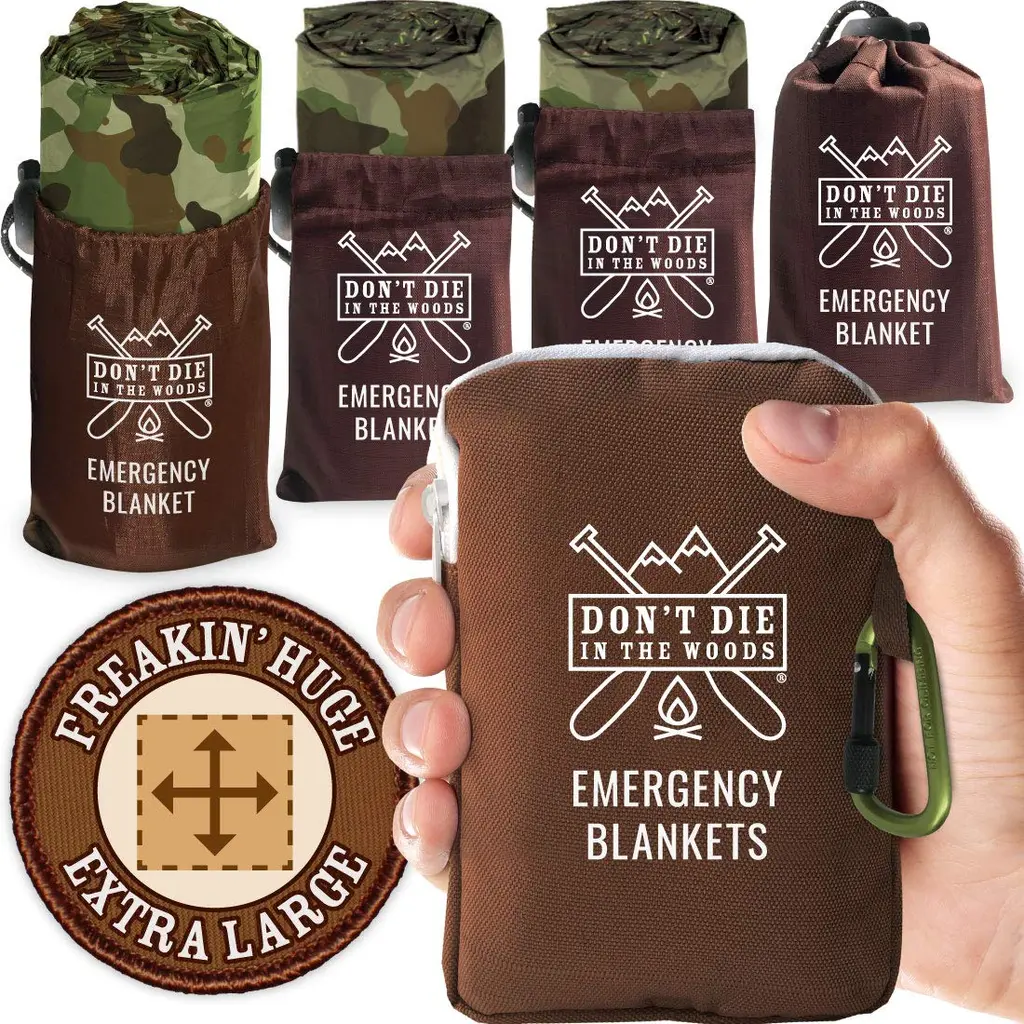 Don't Die In The Woods - Freakin Huge Emergency Blankets 4-Pack Extra-Large Thermal Mylar Space Blankets with Ripstop Nylon Stuff Sacks + Carabiner Zipper Pack Woodland Camo
