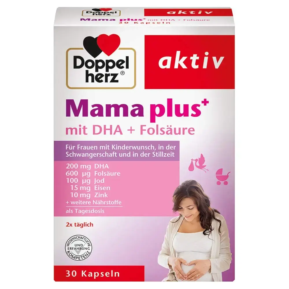 Double Heart Mama Plus with DHA + folic acid - important nutrients for women with desire to have children during pregnancy and during breastfeeding - 30 capsules 30 (1 Pack)