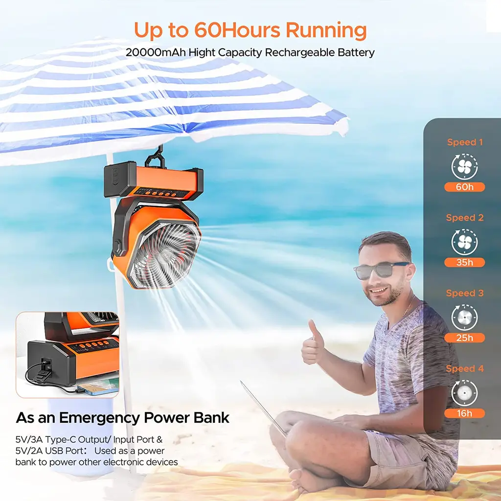 Dr.Chop D12 20000mAh Camping Fan with LED Lantern, view 4