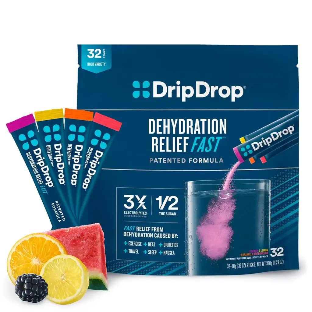 DripDrop ORS Hydration - Electrolyte Powder Packets - Watermelon, Berry, Orange, Lemon - 32 Count Bold Classics Variety Pack 32 Count (Pack of 1)