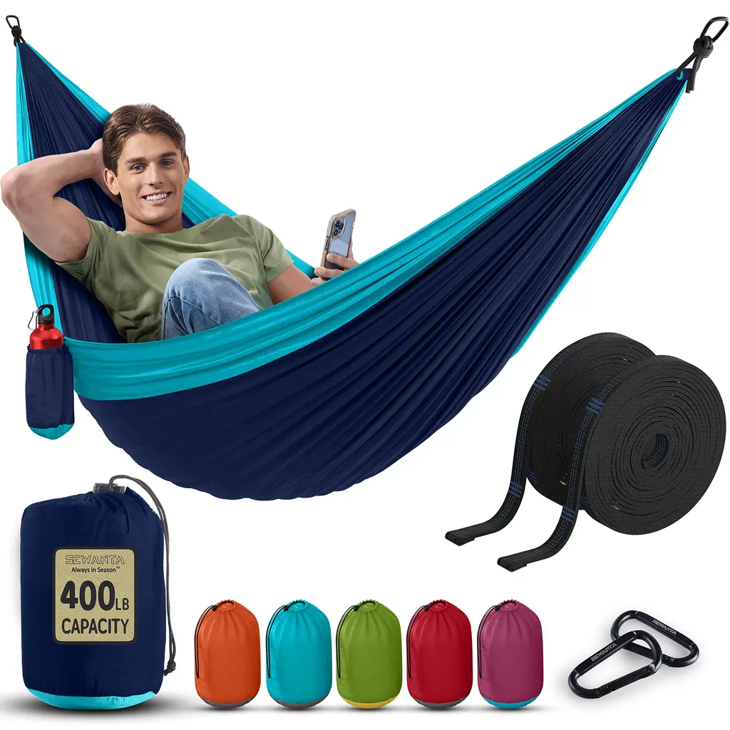 Durable Hammock 400 lb Capacity - Lightweight Nylon Camping Hammock Chair - Double or Single Sizes w/ Tree Straps and Attached Carry Bag - Portable for Travel/Backpacking/ (Navy, Medium) Navy & Light Blue Medium