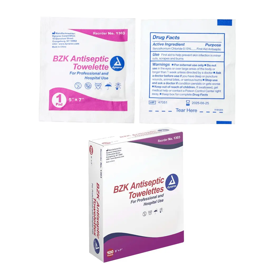 Dynarex BZK Antiseptic Towelettes Moist Sanitizing Towelettes Designed to Prevent Infection in Minor Wounds 5x7 Disposable & Individually Wrapped 1 Box of 100 Dynarex BZK Antiseptic Towelettes