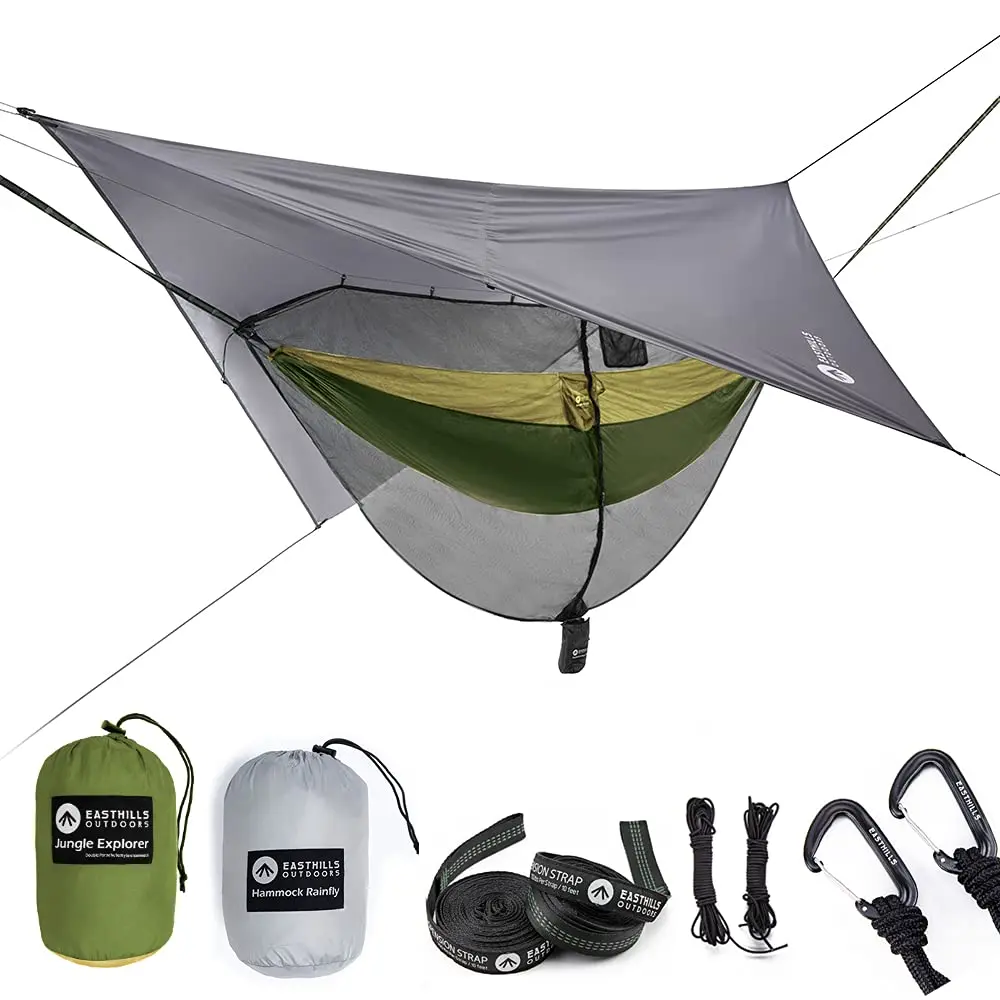 Easthills Outdoors Jungle Explorer 118" x 79" Double Camping Hammock with Separated Mosquito Bug Net and Waterproof Rainfly 2 Person Portable Ripstop Parachute Nylon Hammocks Khaki 704 Khaki