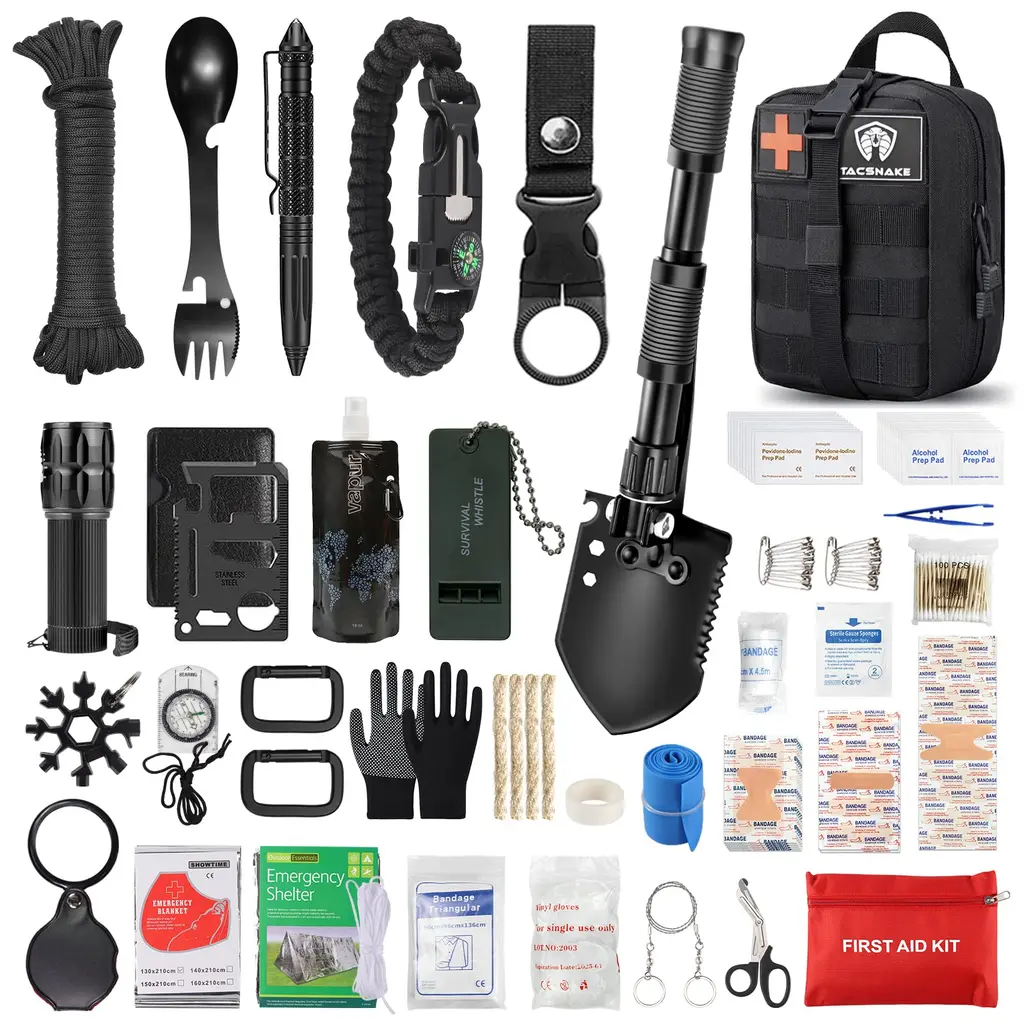 Emergency Survival Kits & First Aid Kit, Multi-Tools Survival Gear and Equipment with Molle Pouch, Gifts for Dad Men Camping Hiking Outdoor Emergency Black(203PCS)