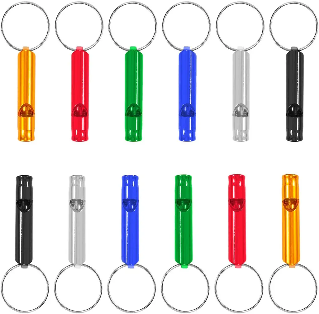 Ergonflow Set of 12 Extra Loud Whistles for Camping Hiking Hunting Outdoors Sports and Emergency Situations, Sturdy but Light Aluminium Key Chain Signals