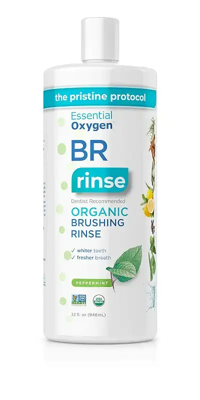 Essential Oxygen Certified BR Organic Brushing Rinse, All Natural Mouthwash for Whiter Teeth, Fresher Breath, and Happier Gums, Alcohol-Free Oral Care, Peppermint, 32 Ounce Peppermint 32 Ounce (Pack of 1)