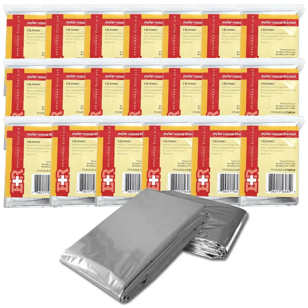 Ever Ready First Aid Mylar Rescue Blanket Large Silver Thermal Sheet for Emergency and Survival 54 x 84 20 Count