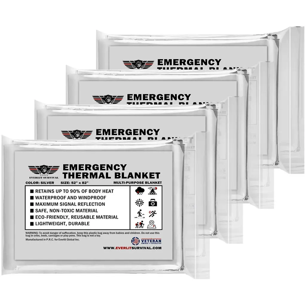 EVERLIT Survival Emergency Mylar Thermal Blanket Foil Space Blanket Designed for NASA 4 Pack of Body Warmer Blanket for Outdoor First Aid Camping Gear Hiking Travel Silver
