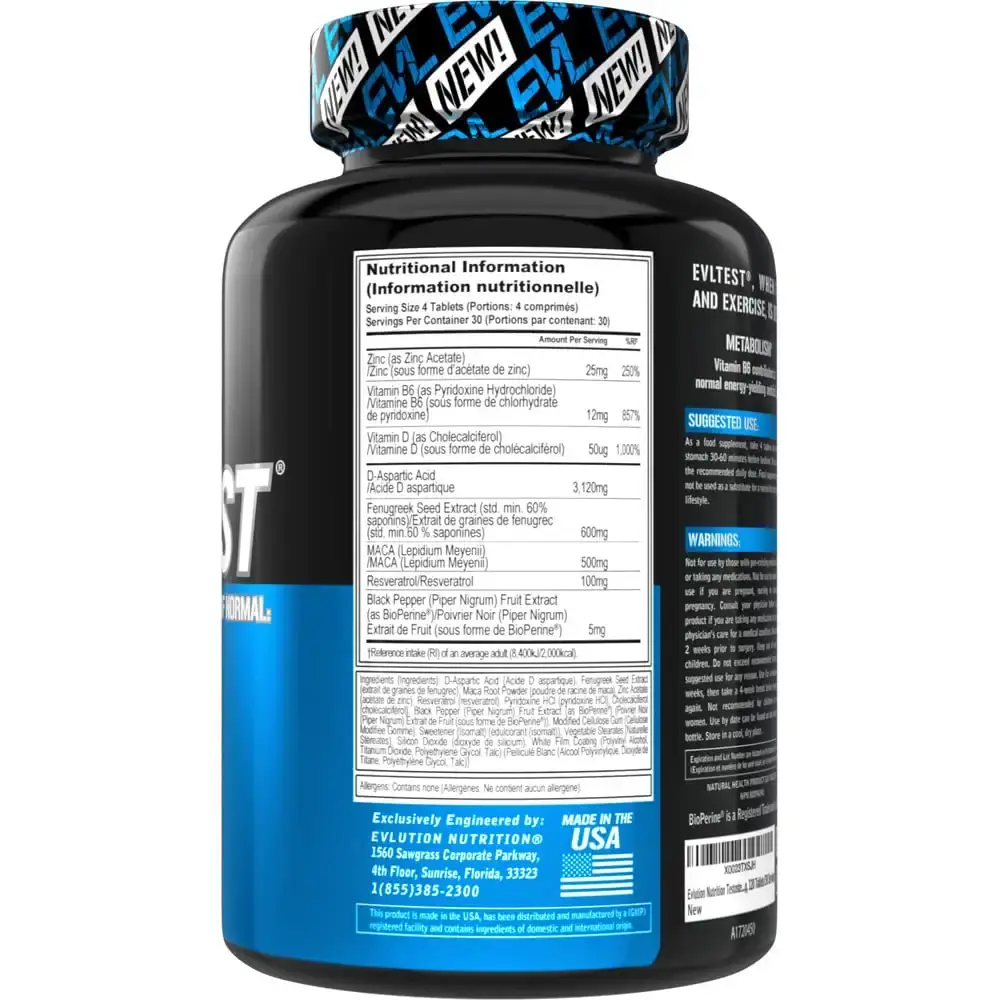 Evlution Nutrition EVLTEST Testosterone Booster for Men Supports Healthy Testosterone — Tablets