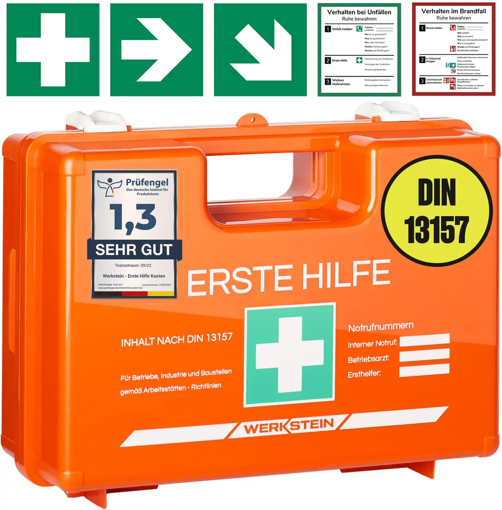 First aid box with content according to new DIN 13157: 2021 i First aid Suitcase including practical wall bracket 5x sticker & seal i Club kit for companies facilities & at home