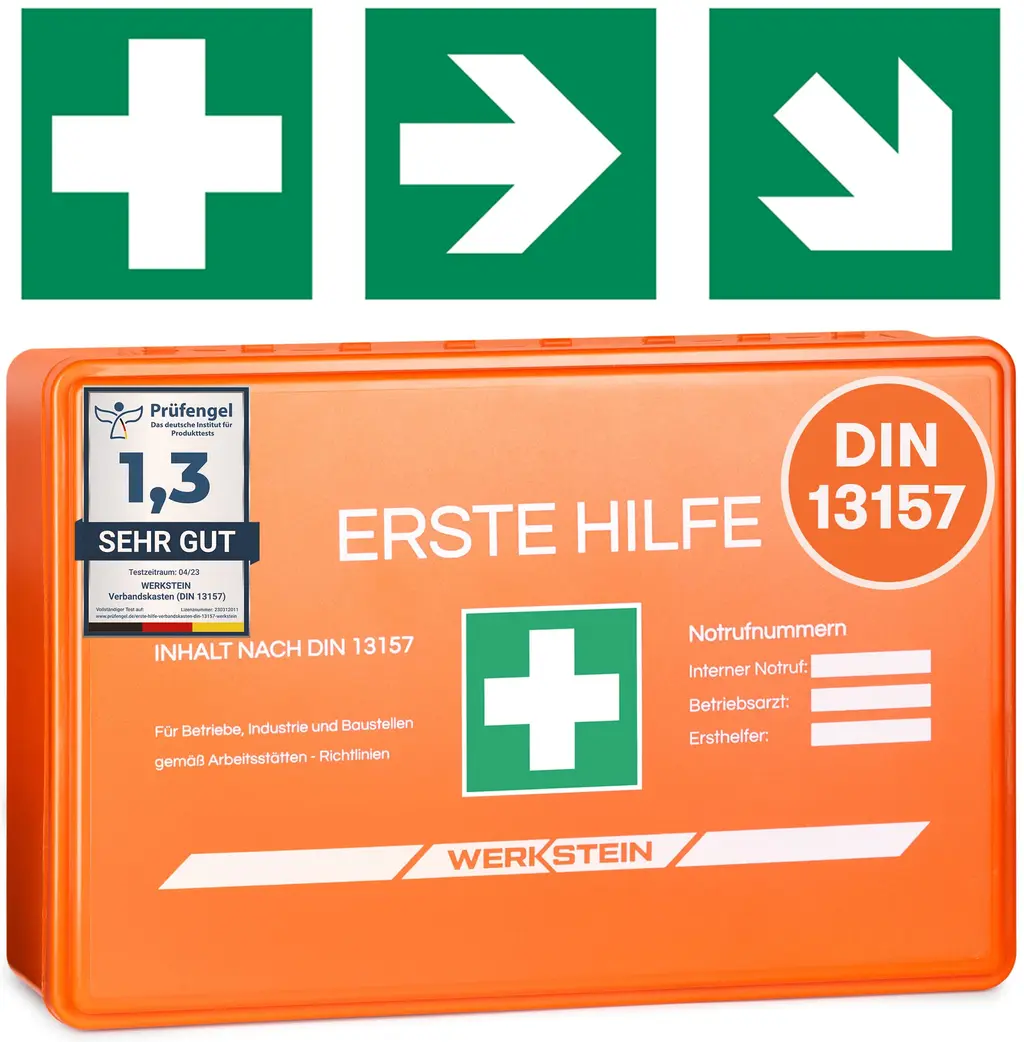 First aid Kasten DIN 13157: 2021 Small - including practical wall bracket 3x stickers facial masks & wet wipes - Gemand box DIN 13157 for companies facilities & at home orange