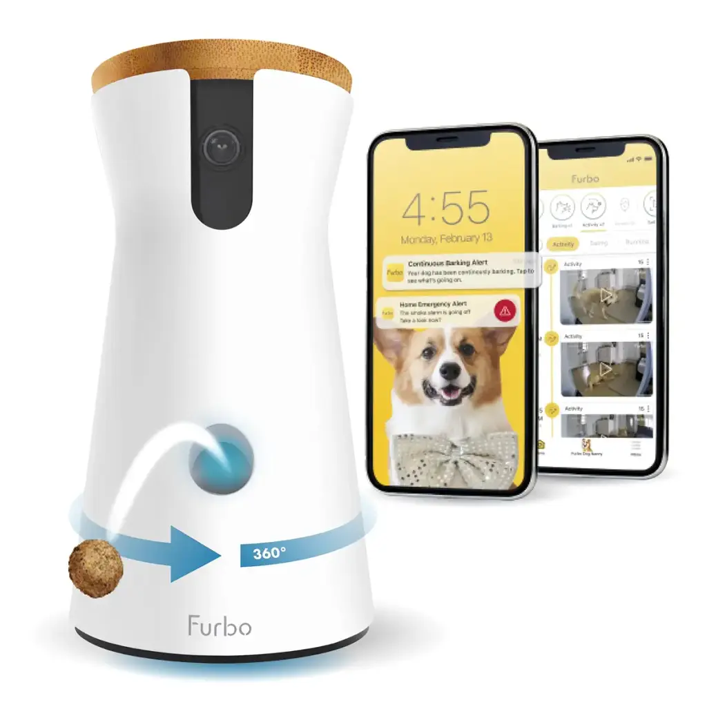 Furbo 360 Dog Camera w/Subscription Premium Safety Package Smart Camera Designed for Dogs 360 View Tracking Treat toss Barking & Home Emergency alerts. Indoor Usage 1080p Video Dog Cam - Needs Subscription