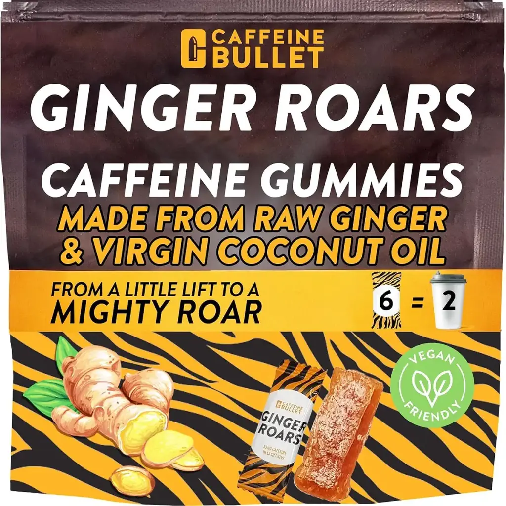 Ginger Roars - Caffeine Ginger Chews - 12 Caffeine Candies Each 33mg Caffeine with a Delicious Natural Honey Ginger Flavour