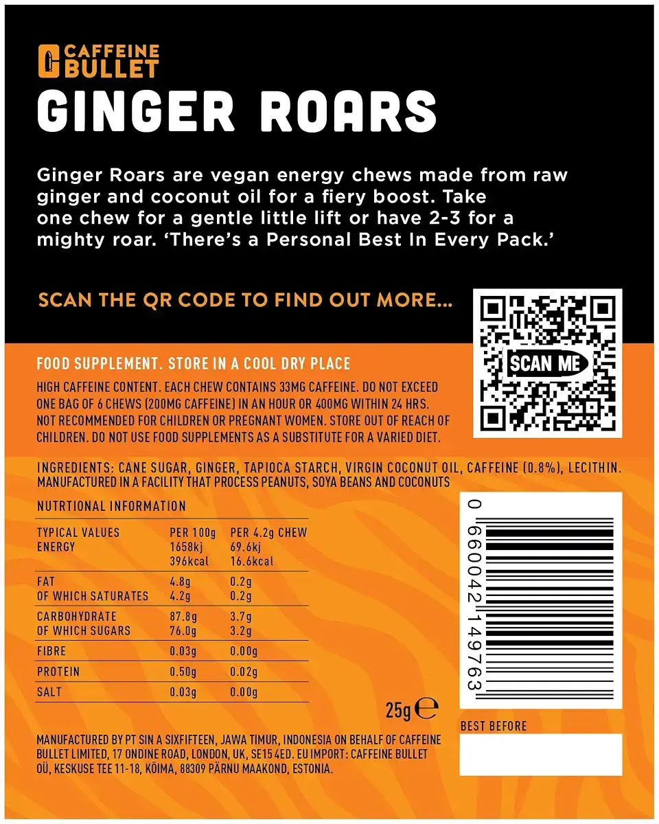 Ginger Roars - Caffeine Ginger Chews - 12 Caffeine Candies Each 33mg Caffeine with a — Sports Nutrition