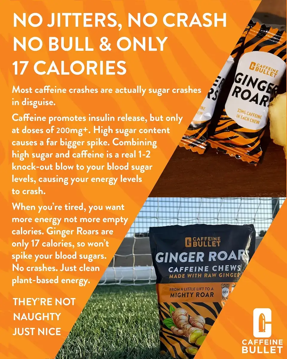 Ginger Roars - Caffeine Ginger Chews - 36 Caffeine Candies Each 33mg Caffeine with a — 33 mg