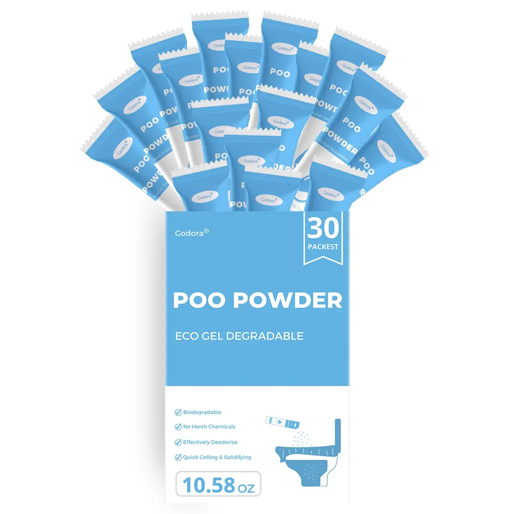 Godora ECO-Friendly Poo Powder with Spoon, Fast-Absorbing Camping Toilet Chemicals, Rapidly Biodegradable Eco Gel for Portable Toilet, for Outdoor Portable Bedpans & Emergencies 10.6 ounces