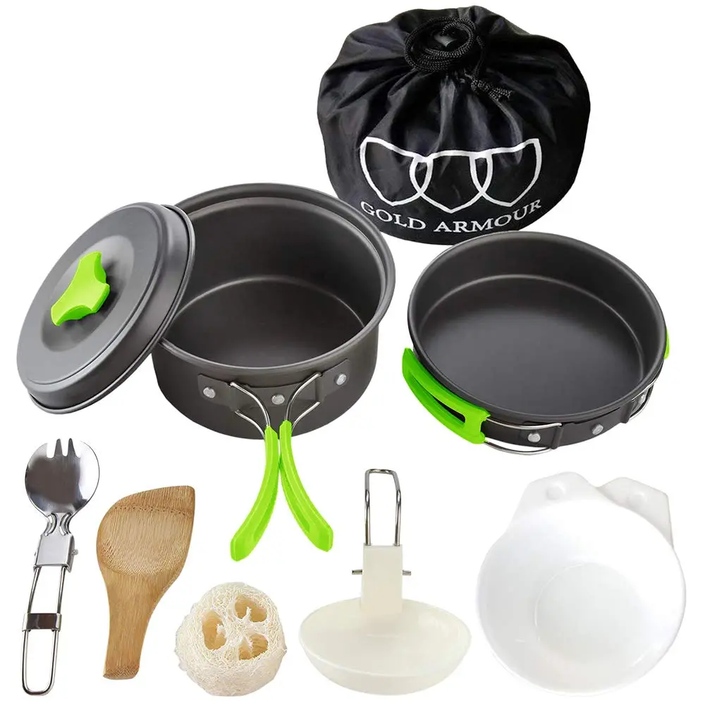 Gold Armour 10 Pieces Camping Cookware Mess Kit Backpacking Gear & Hiking Outdoors Bug Out Bag Cooking Equipment Cookset - Lightweight, Compact, Durable Pot Pan Bowls Green