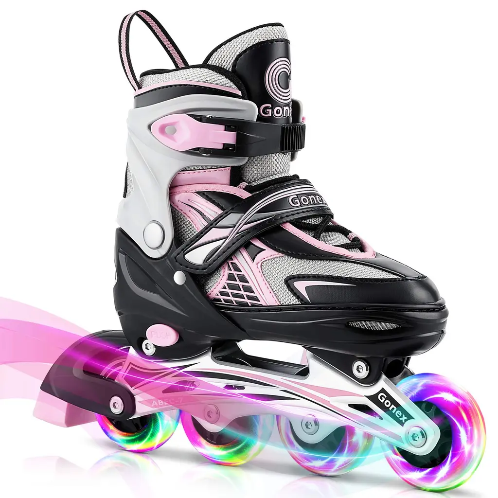 Gonex Inline Skates for Girls Boys Kids, Adjustable Skates Outdoor Blades Inline Roller Skates for Children Teens Women with Light Up Wheels for Indoor Outdoor Backyard Skating A-Pink L - Youth (4Y-7Y)