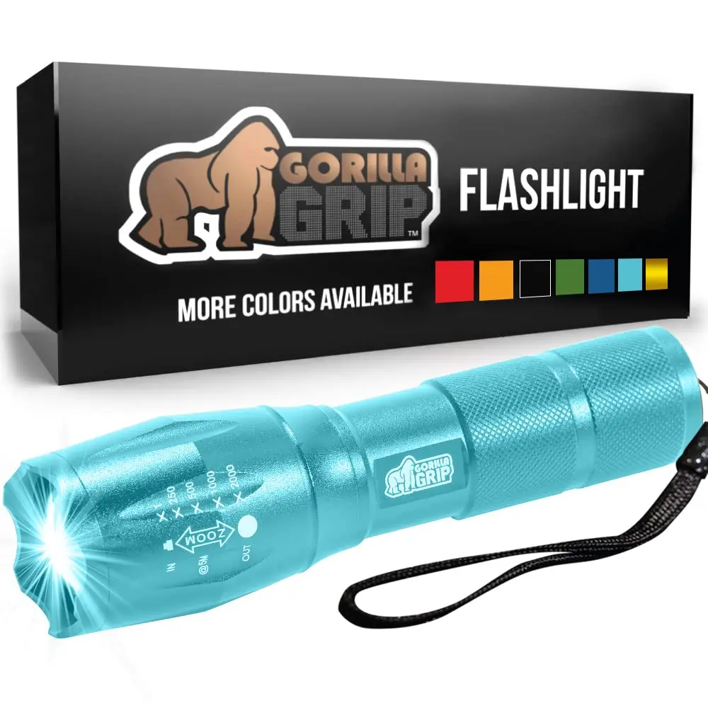 Gorilla Grip LED Tactical Handheld Flashlight, High Lumens, Ultra Bright 5 Mode, Long Lasting Water Resistant, 750 FT Zoom Flashlights, Camping Accessory, Outdoor Camp Gear Emergency Outages Turquoise Turquoise 1