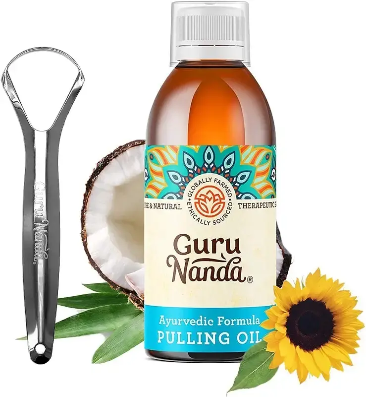 GuruNanda Original Oil Pulling Oil For Healthy Teeth and Gums - Alcohol and Fluoride Free Natural Mouthwash, Ayurvedic Oil Pulling With Peppermint Oil, Bad Breath Remedy, and Natural Teeth Whitening Single
