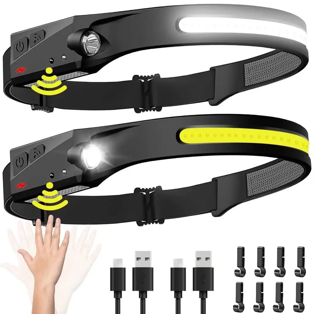 Headlamp Rechargeable 2PCS, 230 Wide Beam Head Lamp LED with Motion Sensor for Adults - Camping Accessories Gear, Waterproof Head Light Flashlight for Hiking, Running, Repairing, Fishing, Cycling 2 Pack