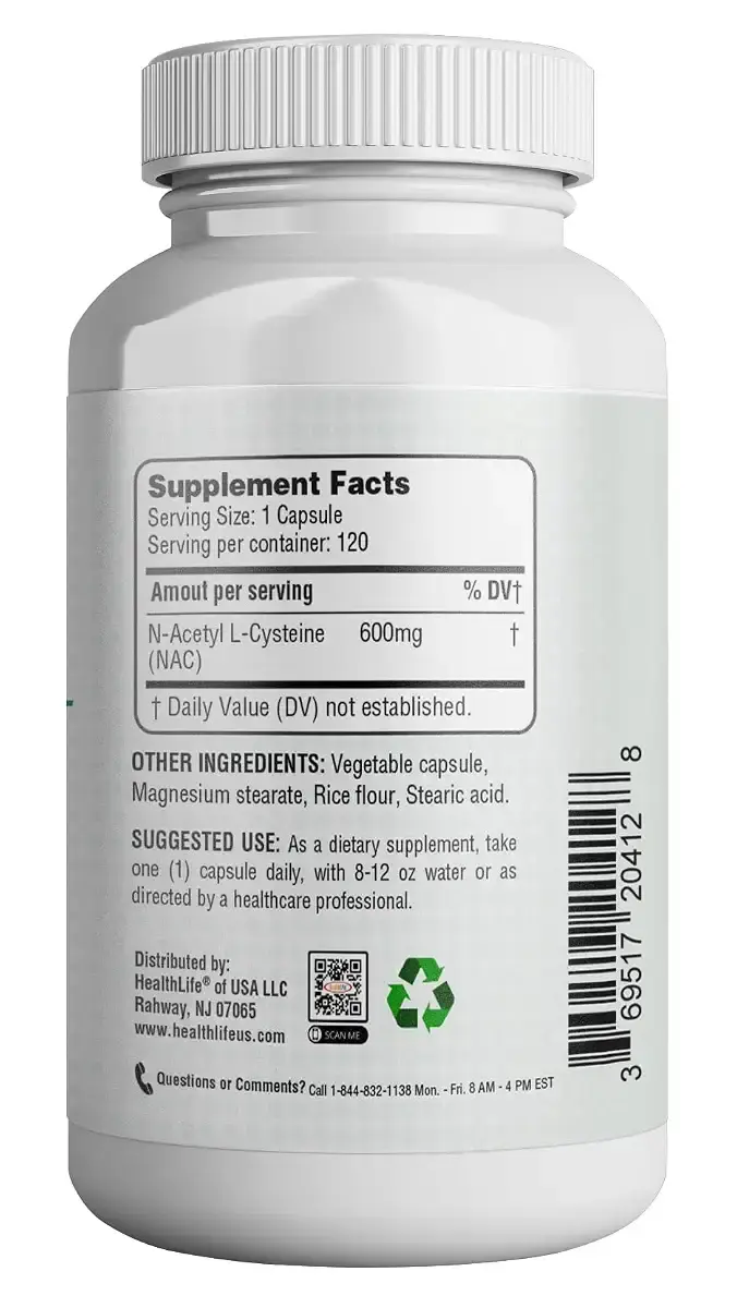HealthLife N-Acetyl L-Cysteine (NAC) 600mg 120 Capsules - Non-GMO Gluten Free 120 Servings — Capsules